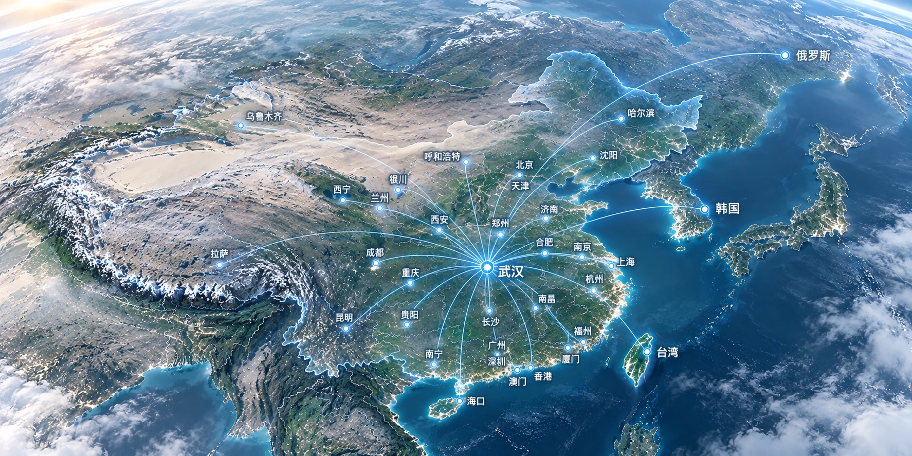 以武汉为中心，连接全国各地及韩国、俄罗斯的业务覆盖图